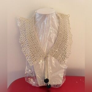 Cream Colour Beaded Lace Collar Necklace with Tie Front Tassels and Black Knots